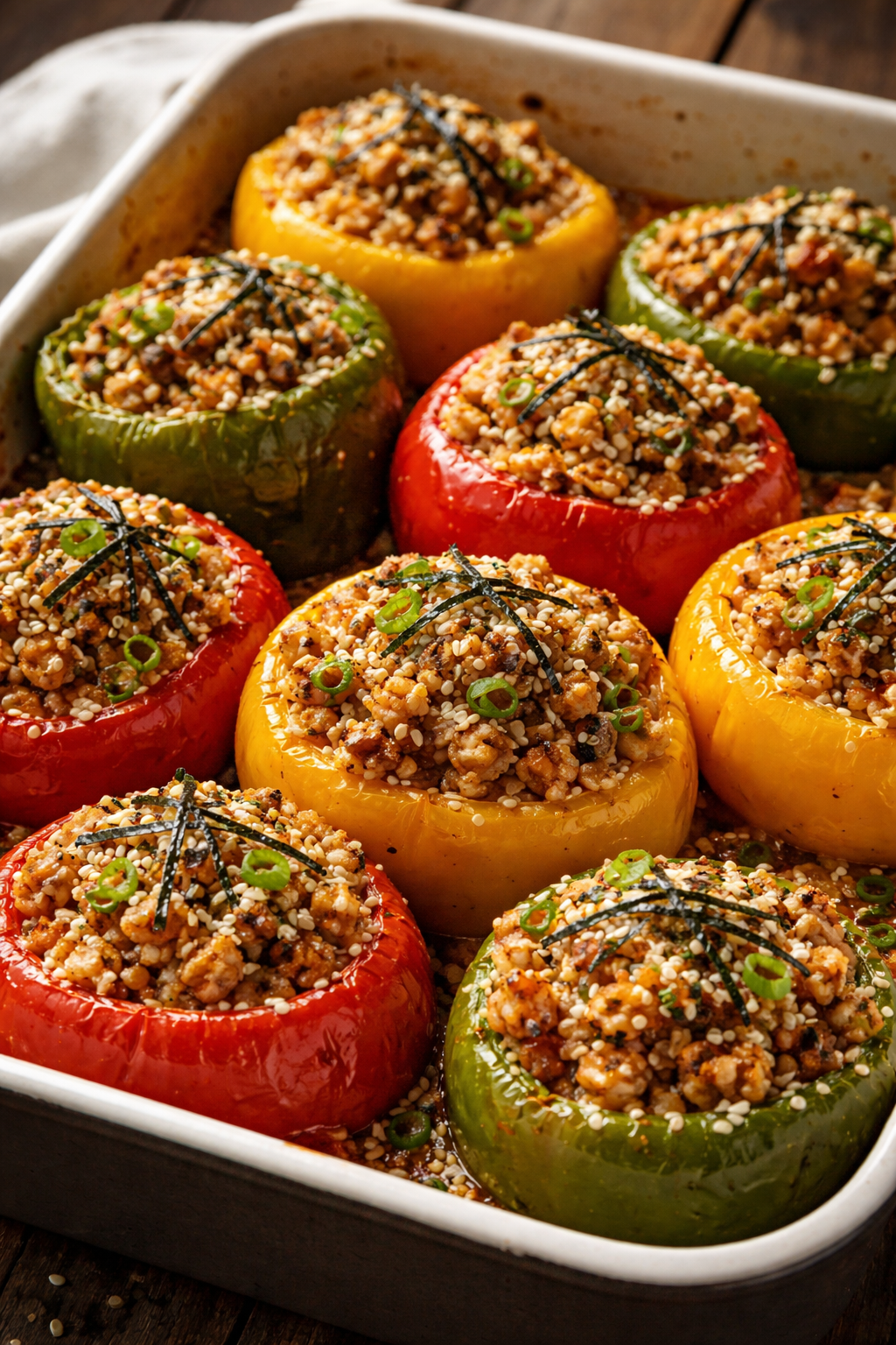γεμιστές πιπεριές, oriental express, stuffed peppers, ρύζι για σούσι, ρυζι για σουσι, συνταγη, recipe. mild sriracha, panko, σριρατσα, τσιλι, πανκο